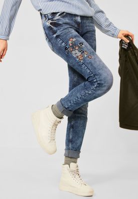 CECIL - Slim Fit Jeans mit Stickerei in Mid Blue Used Wash