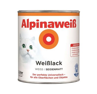 Alpinaweiß 2 L Weißlack Seidenmatt 2in1 Grundierung & Lack, Acryl-Lack für 26 m&sup2;
