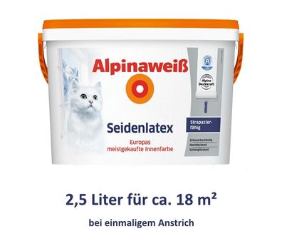 Alpinaweiss 2,5 L. Seidenlatex, Weiß Seidenglänzend, Latexfarbe Alpina, 18 m&sup2;