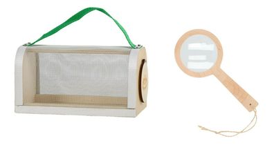 Insekten Beobachtung Insektensammler Sammelbox + Lupe Vergrößerungsglas Holz Set