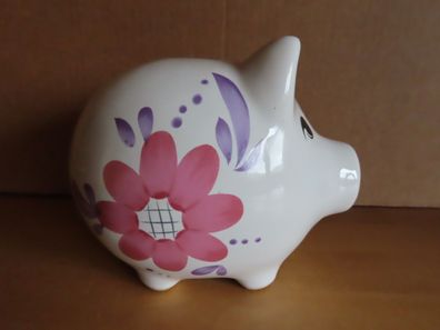 Figur Schwein Spardose weiß mit rosa Blume Keramik/ ca. 13,2 cm hoch