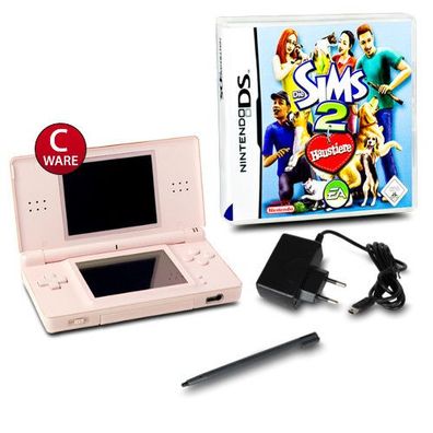 DS Lite Handheld Konsole rosa #74C + Ladekabel + Spiel Die Sims 2 Haustiere