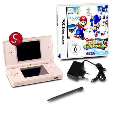DS Lite Handheld Konsole rosa #74C + Kabel + Mario & Sonic b olymp Winterspielen