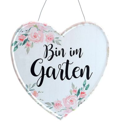 Metallschild Herz Bin im Garten | Rosen Gartendeko Hängedeko Dekohänger | 25cm