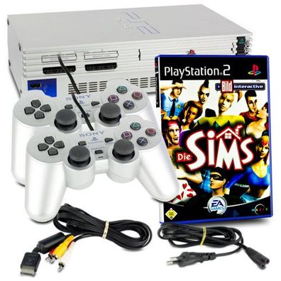 PS2 Konsole Fat in Silber + 2 original Controller + alle Kabel + Spiel Die Sims