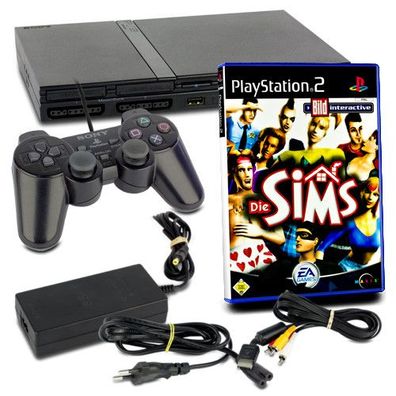 PS2 Konsole Slim Line in Schwarz + original Controller + alle Kabel + Spiel Die Sims