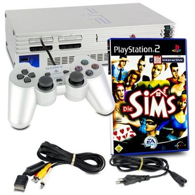 PS2 Konsole Fat in Silber + original Controller + alle Kabel + Spiel Die Sims