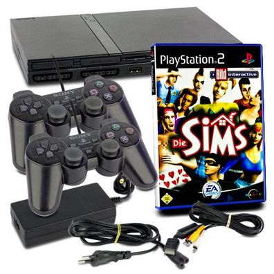PS2 Konsole Slim Line in Schwarz + 2 original Controller + alle Kabel + Spiel Die ...