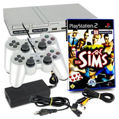 PS2 Konsole Slim Line in Silber + 2 original Controller + alle Kabel + Spiel Die Sims