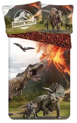 Bettwäsche-Set Jurassic World mit T-Rex, Triceratops Familie mit feurigen Vulkan