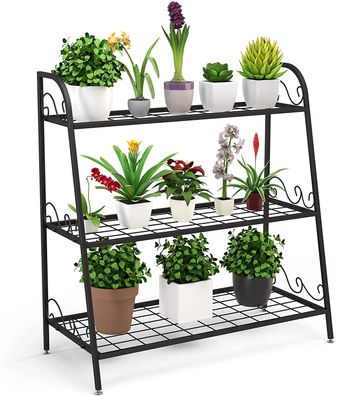 3-stufiger Metall Pflanzenständer, Pflanzregal mit verstellbaren Füßen für Terrasse