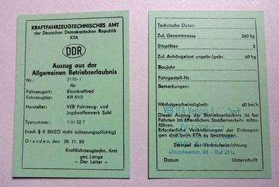 ABE Betriebserlaubnis Simson Schwalbe KR51/2 mit Echtem DDR Stempel