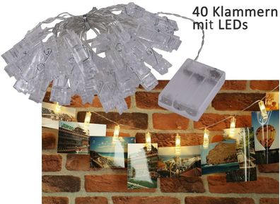 LED Lichterkette mit 40 Foto-Clips warmweiß, transp. Batteriebetrieb