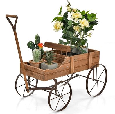 Blumenständer Holzwagen Pflanzwagen Blumenwagen mit Metall Rädern 35x63x62,5cm Garten