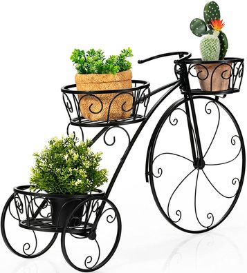 Blumenregal Pflanzenständer Fahrrad, Blumentopf-Ständer Metall mit 3 Körben Rädern