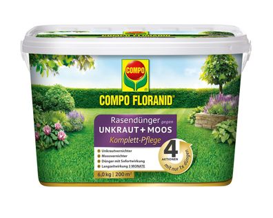 COMPO Floranid® Rasendünger gegen Unkraut + Moos Komplettpflege, 6 kg