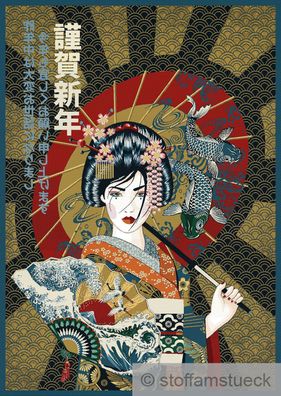 Stoff Wandbild Panel Polyester Baumwolle Gobelin gold Geisha 100 cm x 70 cm