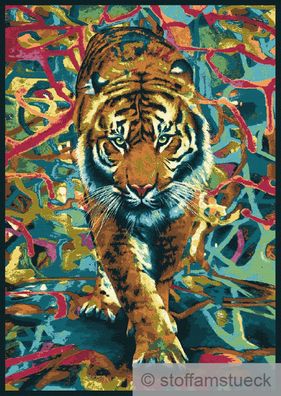 Stoff Wandbild Panel Polyester Baumwolle Gobelin bunt Tiger 100 cm x 70 cm