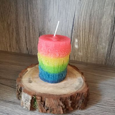 Kerze Strick Regenbogen 7x5 Handmade