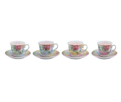 Teelichthalter, Teelicht 4 er Set in Espressotassen mit Rosendekor Tischkerzen