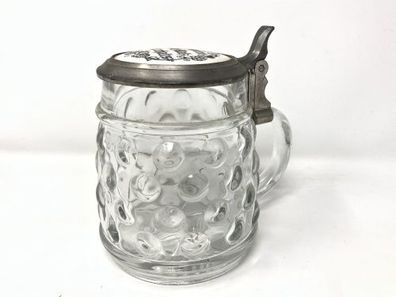 Bierkrug aus Glas mit Zinndeckel und Porzellan Deckel "Hopfen und Malz " (W8)
