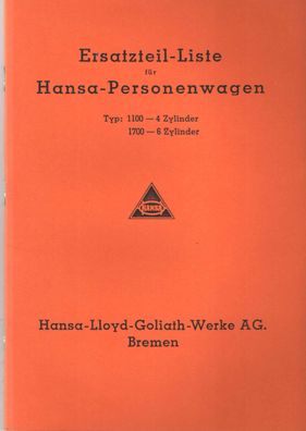 Ersatzteilliste Hansa 1100 ccm und 1700 ccm, Oldtimer, Klassiker