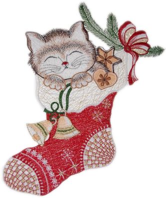Plauener Spitze Fensterbild Weihnachten Katze Socke 31 cm Weihnachtsdekoration