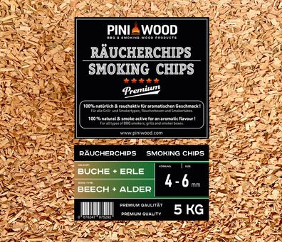 PINI 5 Kg Räucherchips Buche und Erle gemischt 4-6 mm Smoking Chips Räucherspäne