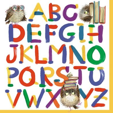 20 Servietten Einschulung, Buntes Alphabet und Eulen mit Bücher 33x33 cm