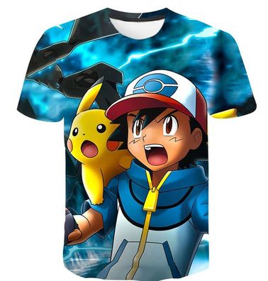 Pokemon/ Nintendo T-Shirt für Kinder (Unisex)- Motiv: Ash + Pikachu / Blau - Neu