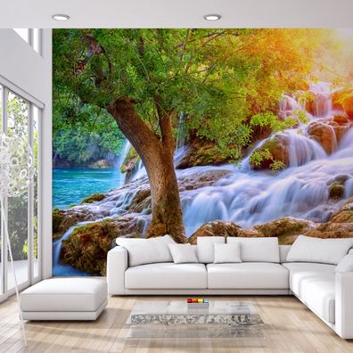 Muralo VLIES Fototapeten Tapeten XXL Sonne GRÜNER Wasserfall 3D-Effekt 4909