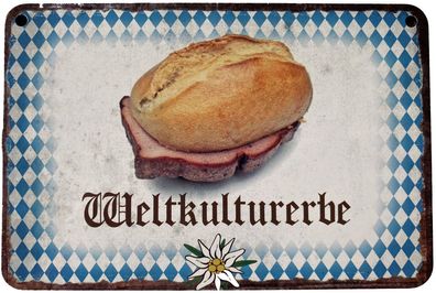 Blechschild 18 x 12 cm - Deutschland Bayern Weltkulturerbe - Leberkäse Semmel