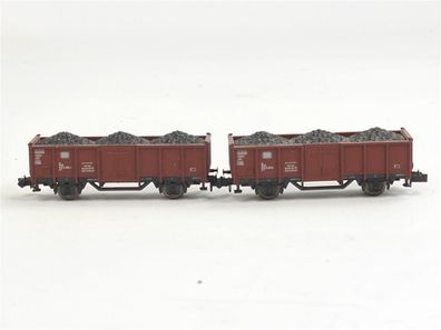 E221 Minitrix N 15041-19 15041-20 2x Güterwagen Hochbordwagen mit Kohleladung DB