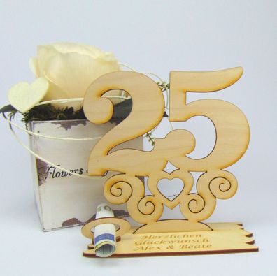 25 Geburtstag Personalisiert Tischaufsteller mit Ornament 14cm Geldgeschenk Holz