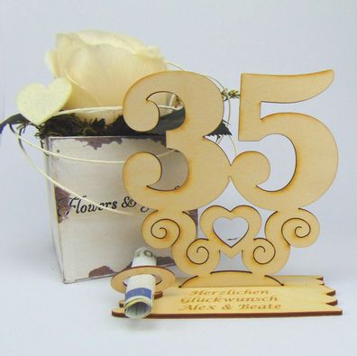 35 Geburtstag Personalisiert Tischaufsteller mit Ornament 14cm Geldgeschenk Holz