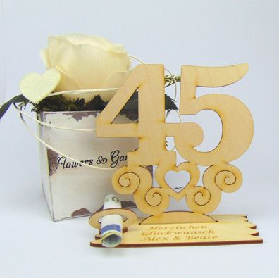 45 Geburtstag Personalisiert Tischaufsteller mit Ornament 14cm Geldgeschenk Holz