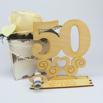50 Geburtstag Personalisiert Tischaufsteller mit Ornament 14cm Geldgeschenk Holz