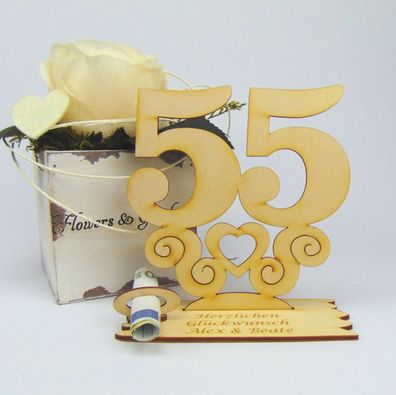 55 Geburtstag Personalisiert Tischaufsteller mit Ornament 14cm Geldgeschenk Holz