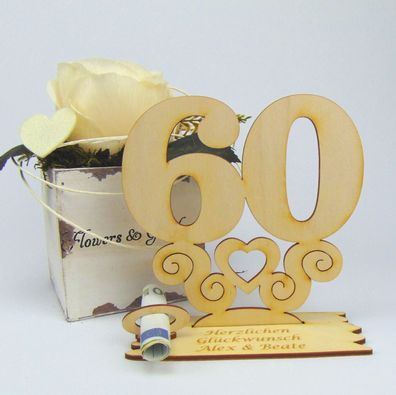 60 Geburtstag Personalisiert Tischaufsteller mit Ornament 14cm Geldgeschenk Holz