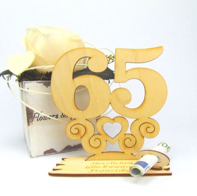 65 Geburtstag Personalisiert Tischaufsteller mit Ornament 14cm Geldgeschenk Holz