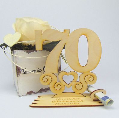 70 Geburtstag Personalisiert Tischaufsteller mit Ornament 14cm Geldgeschenk Holz