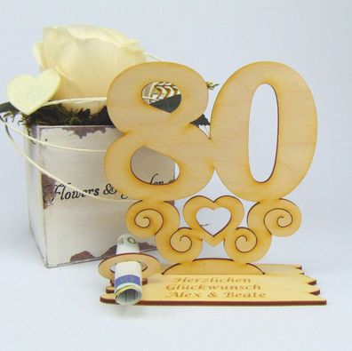 80 Geburtstag Personalisiert Tischaufsteller mit Ornament 14cm Geldgeschenk Holz