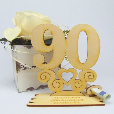 90 Geburtstag Personalisiert Tischaufsteller mit Ornament 14cm Geldgeschenk Holz