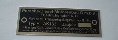 Typenschild für Porsche-Diesel Typ AK 133, Alu, Blanko, Trecker, Landtechnik