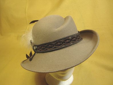 Damenhut klassischer Trachtenhut Wollfilz wetterfest Farbe hellbraun mit Feder DH24