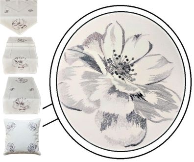 Tischdecke Tischläufer Kissenhülle Hohlsaum Weiß Blüte 3 D Stickerei Grau