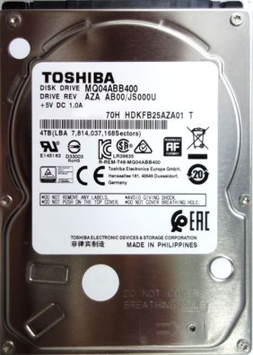 Toshiba MQ04ABB400 Interne HDD(2,5 Zoll 4TB 128MB Cache 15mm 5400U/ min SATA 6,0GB/ s
