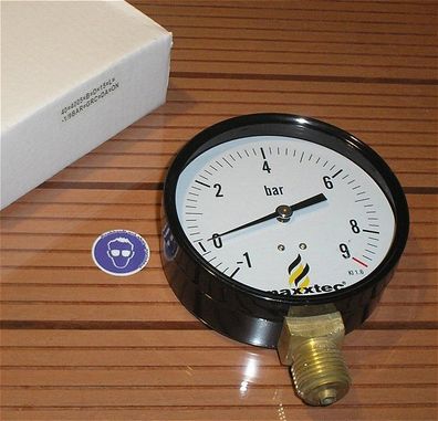 Druckanzeige Manometer analog -1 + 9 bar groß 100mm Maxxtec Kl 1.6 + SdfkPlakette