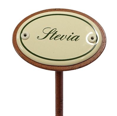 Kräuterschild Stevia, Emaille Kräuterstecker, Beetstecker mit Erdspieß 25 cm
