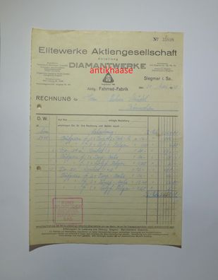 Diamantwerke Elitewerke Chemnitz Rechnung Oskar Steudel Sonderstempel Rund um Dresden